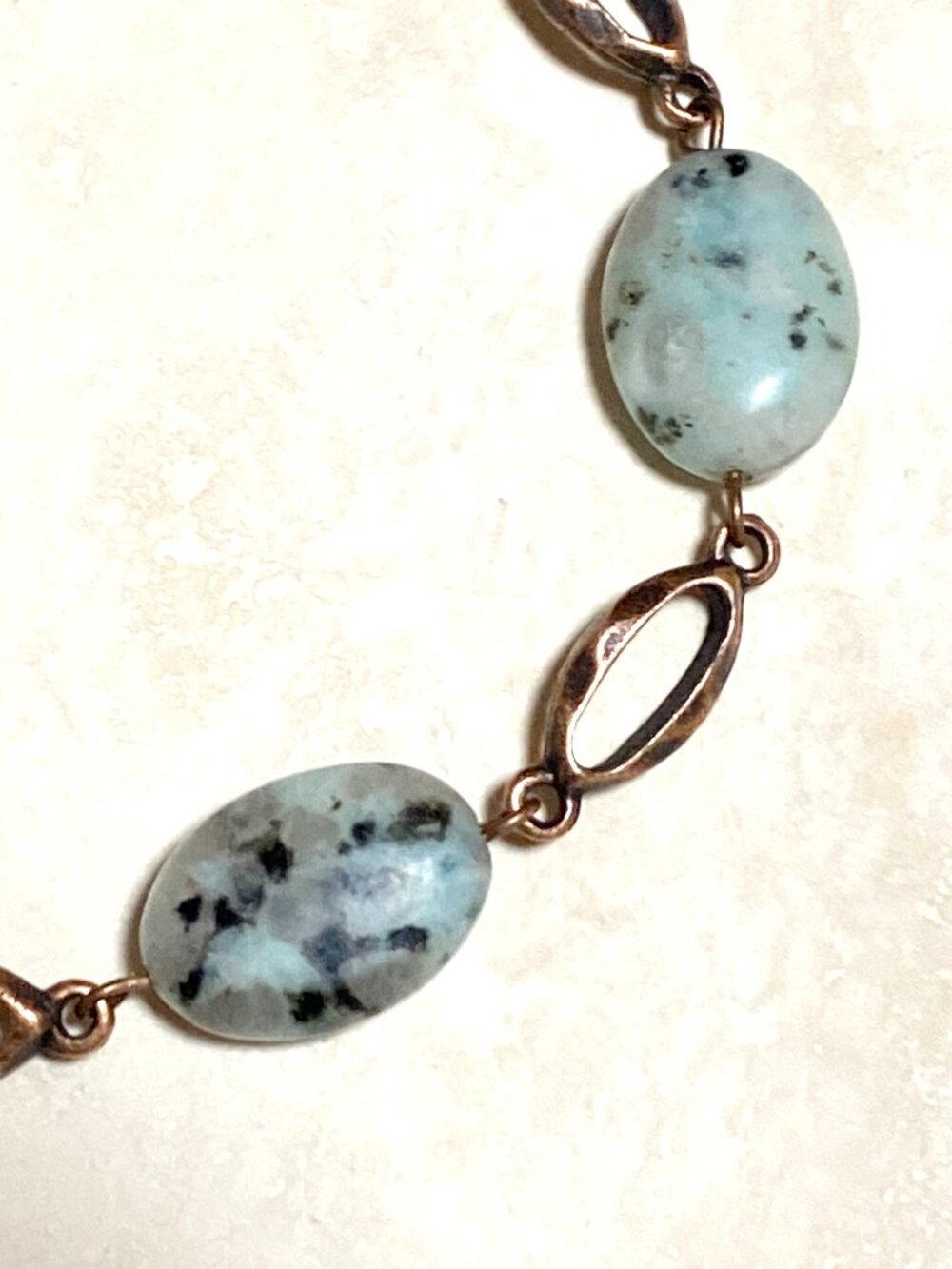 2/$20, Natural Kiwi Stone Bracelet, Genuine Gemstone & Copper Links - Picture 3 of 10